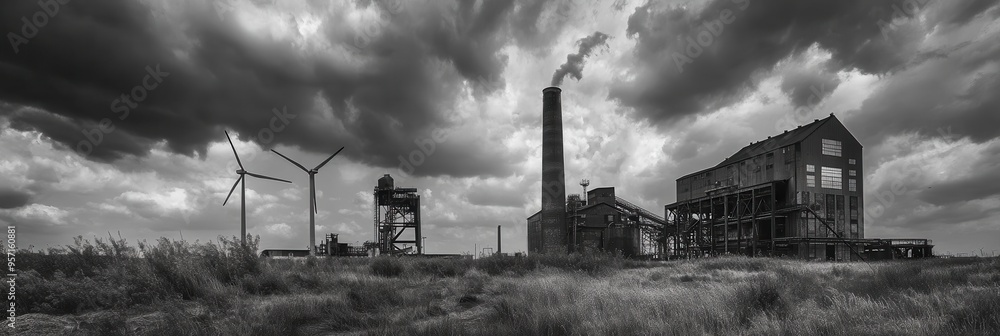 Aufkleber Wind turbines rotate beside abandoned coal mines and factories, emphasizing the shift from fossil fuels to sustainable energy sources. Generative AI