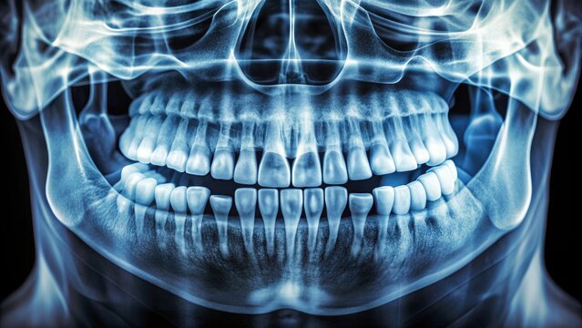 X-ray image of a human jawbone showing significant bone loss and tooth decay due to periodontal disease, highlighting severe dental health complications.