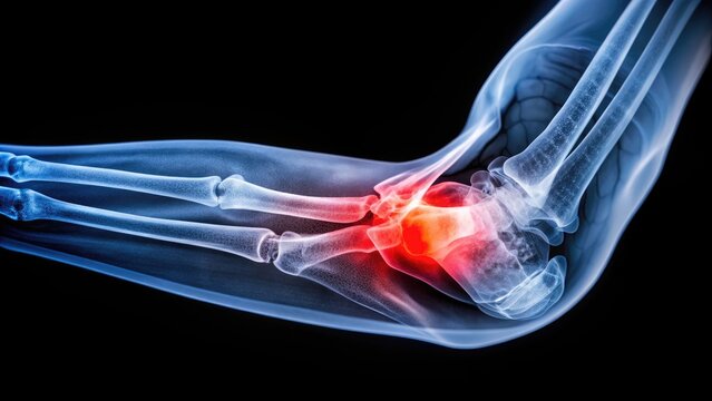 X-ray image of a severely injured elbow joint showing displacement of the radius and ulna bones, indicating a complete dislocation requiring immediate medical attention.