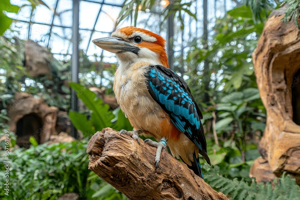 Wall mural A Colorful Bird Perched on a Branch in a Lush Green Environment