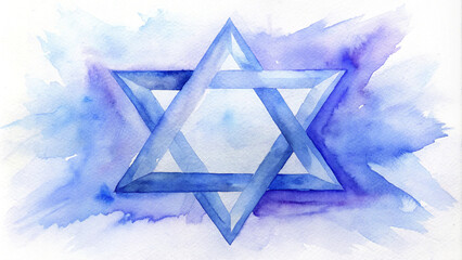 Watercolor minimalist design featuring Star of David on soft blue abstract background

