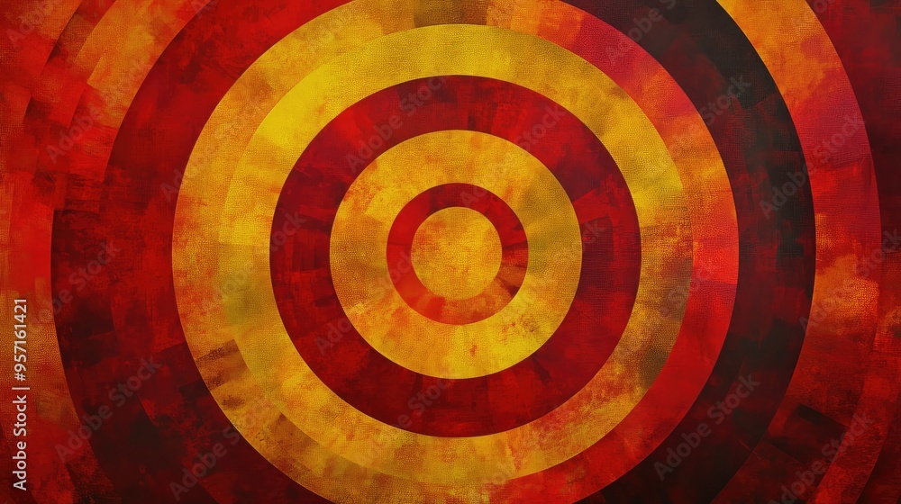 Poster abstract concentric circles of varying sizes, in shades of red and yellow, creating a vibrant, dynam