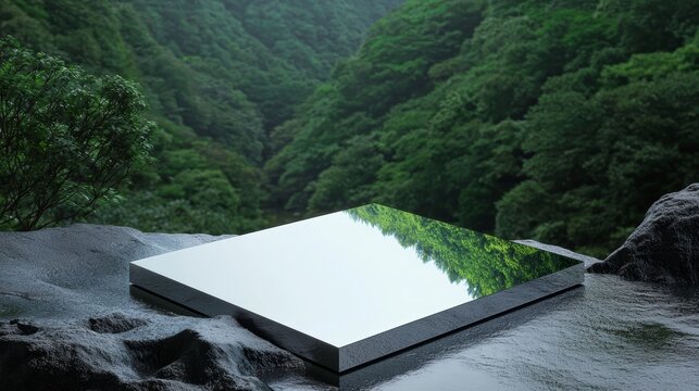 A stainless steel square mockup with a polished surface, reflecting an image of a lush green forest, symbolizing environmental preservation.