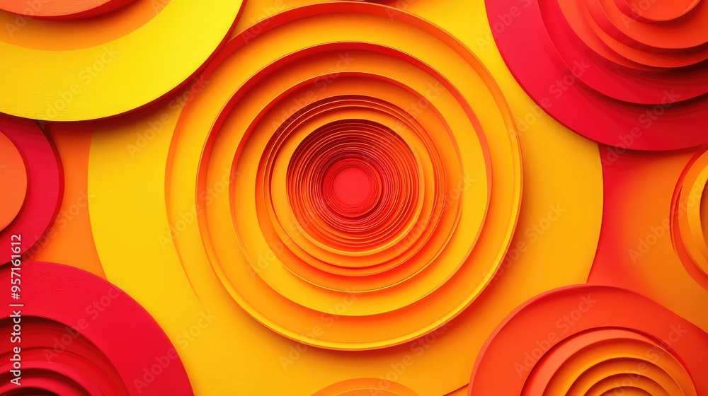 Poster abstract concentric circles of varying sizes, in shades of red and yellow, creating a vibrant, dynam