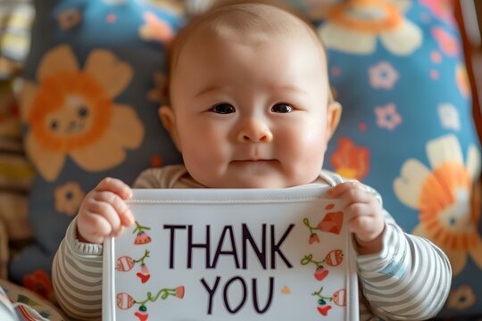 A sweet baby holding a "Thank You" card with a delightful smile, conveying appreciation and gratitude. Perfect for themes related to thankfulness, celebration, and heartfelt messages.