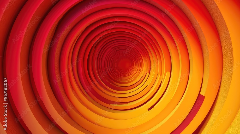 Poster abstract concentric circles of varying sizes, in shades of red and yellow, creating a vibrant, dynam