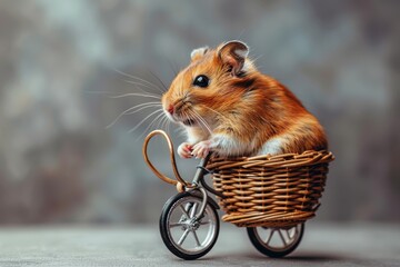 A small hamster sits on a tiny bicycle with a wicker basket, pedaling with its little paws