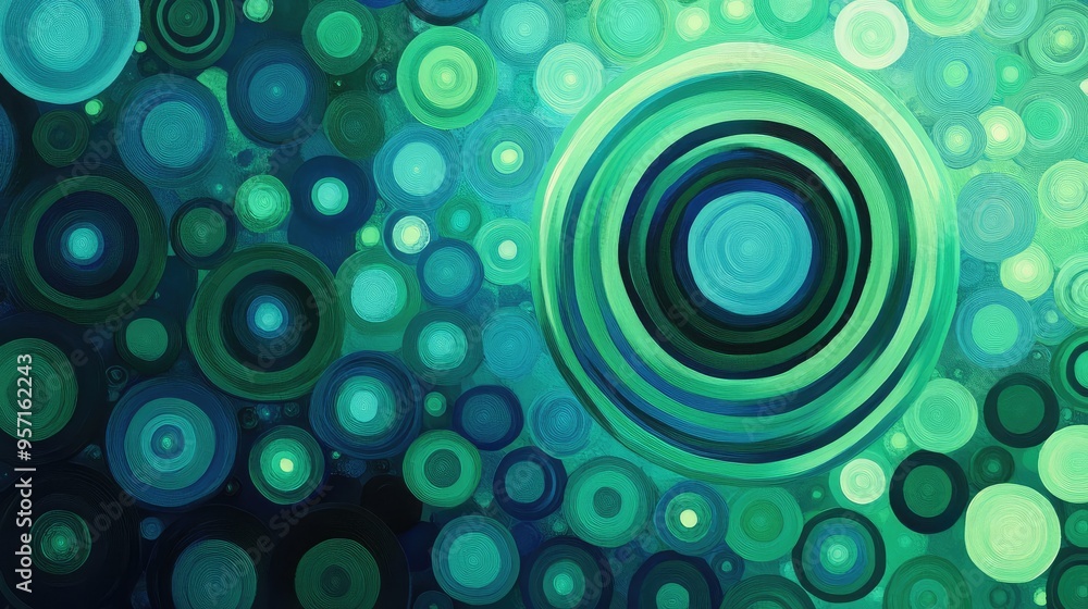 Poster abstract concentric circles of varying sizes, in shades of green and blue, creating a vibrant, dynam