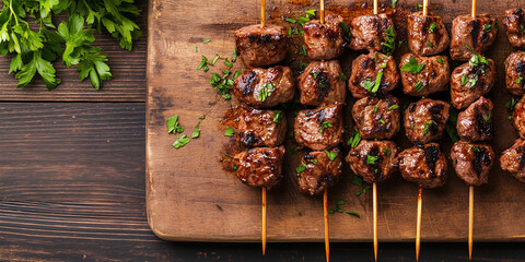 Beef kebabs lined up on a cutting board with skewers sticking out