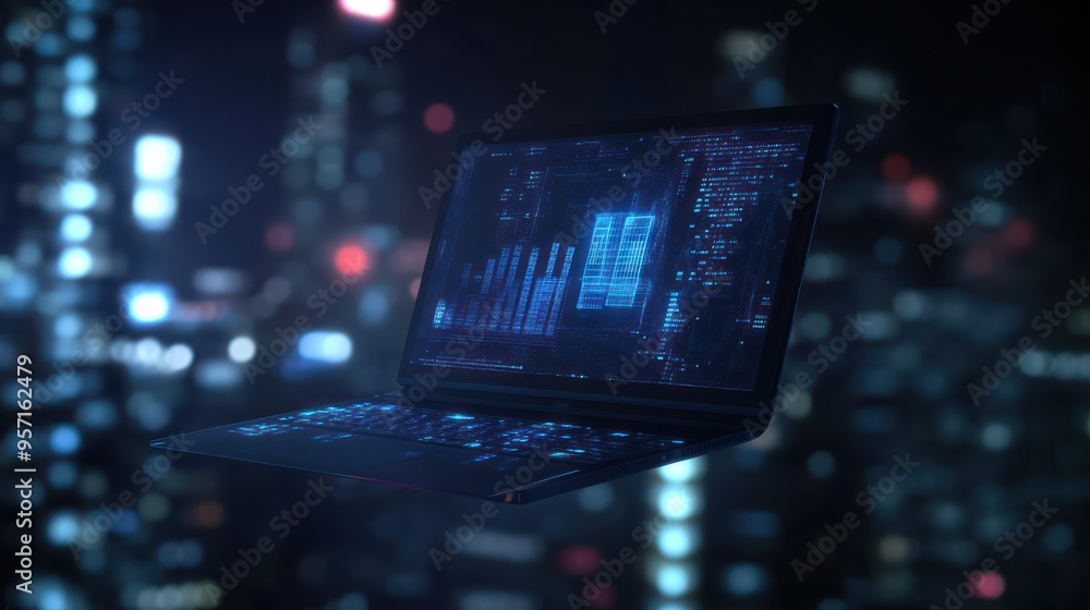 Poster laptop with data analytics display against cityscape