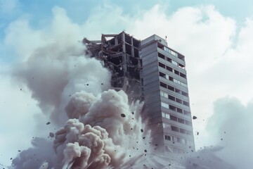 A high-rise building dramatically collapses amid clouds of dust and debris against a bright blue sky, capturing the intensity of the moment.
