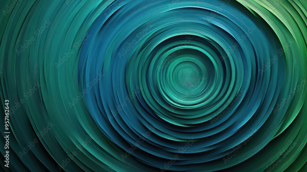 Poster abstract concentric circles of varying sizes, in shades of green and blue, creating a vibrant, dynam