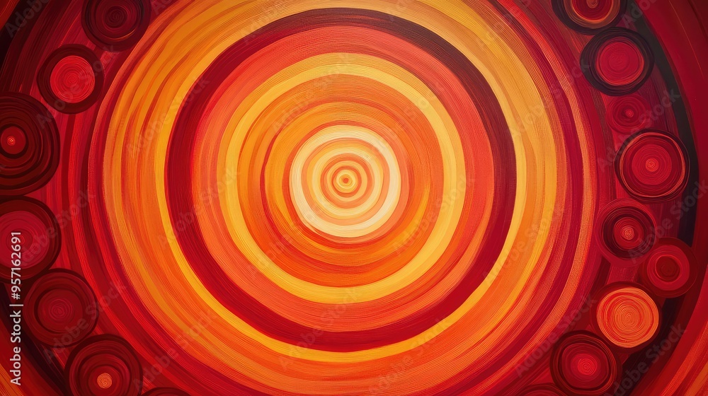 Poster abstract concentric circles of varying sizes, in shades of red and orange, creating a vibrant, energ