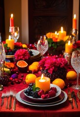 Obraz premium vibrant dining table decorated festive decorations ambient lighting joyful gathering experience, ambiance, setup, arrangement, colors, centerpiece, plates