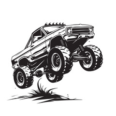 Vector illustration of a monster truck leaping through the air in a thrilling black and white design © Istianah