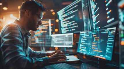 Intense hacker at work  immersed in code surrounded by multiple screens and digital data