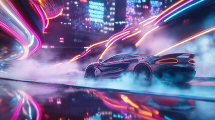 Realistic 3d concept art piece featuring a sleek car. The car races through a vibrant cityscape, leaving a trail of swirling smoke and illuminated party lights