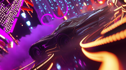 Realistic 3d concept art piece featuring a sleek car. The car races through a vibrant cityscape, leaving a trail of swirling smoke and illuminated party lights