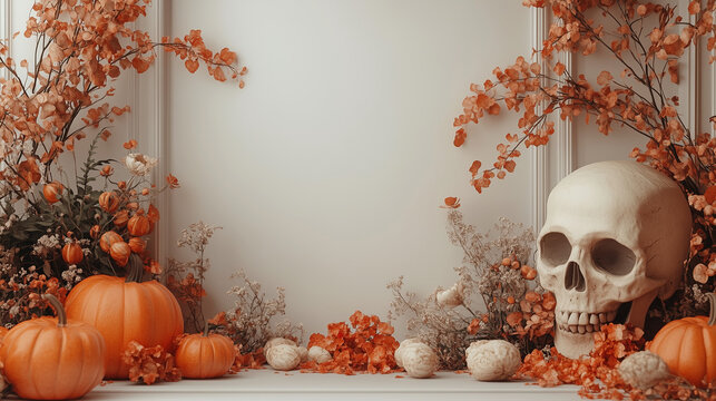 Simple and bright Halloween scene,  a table with Halloween-themed decorations, isolated on a white background. Pumpkins and brainpan