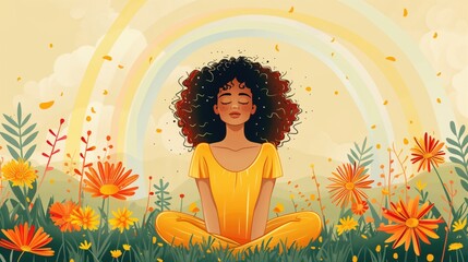 Meditation on nature. Happy african-american girl meets dawn on the field in summer in lotus position. mindfulness cartoon flat