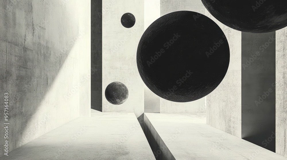 Poster abstract floating shapes in shades of white and black, suspended in a void, creating a stark, minima