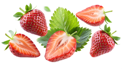 Strawberry with half slices falling or floating in the air with green leaves isolated on transparent background