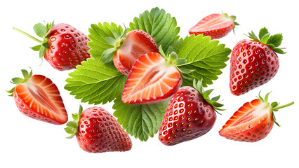 Strawberry with half slices falling or floating in the air with green leaves isolated on transparent background