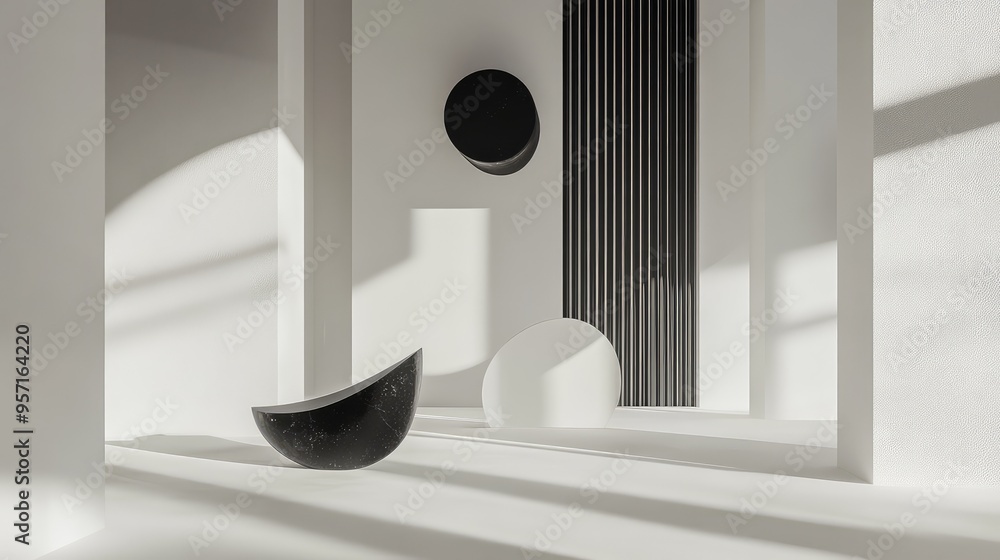 Poster abstract floating shapes in shades of white and black, suspended in a void, creating a stark, minima