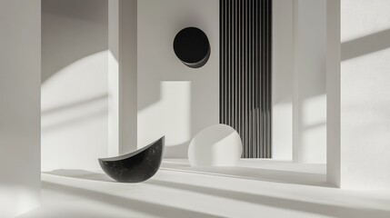 Abstract floating shapes in shades of white and black, suspended in a void, creating a stark, minimalist design