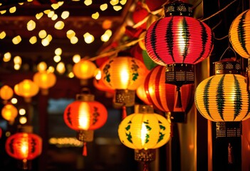 Obraz premium vibrant lanterns decorative elements showcasing colorful display intricate designs bright illumination, decoration, art, festival, light, pattern, craftsmanship