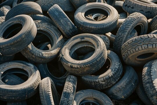 A pile of old tires stacked haphazardly forms a textured and visually striking landscape of rubber and wear.