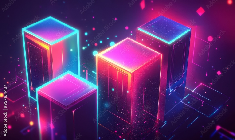 Poster a vibrant and dynamic background featuring neon-colored geometric shapes, creating an atmosphere of 