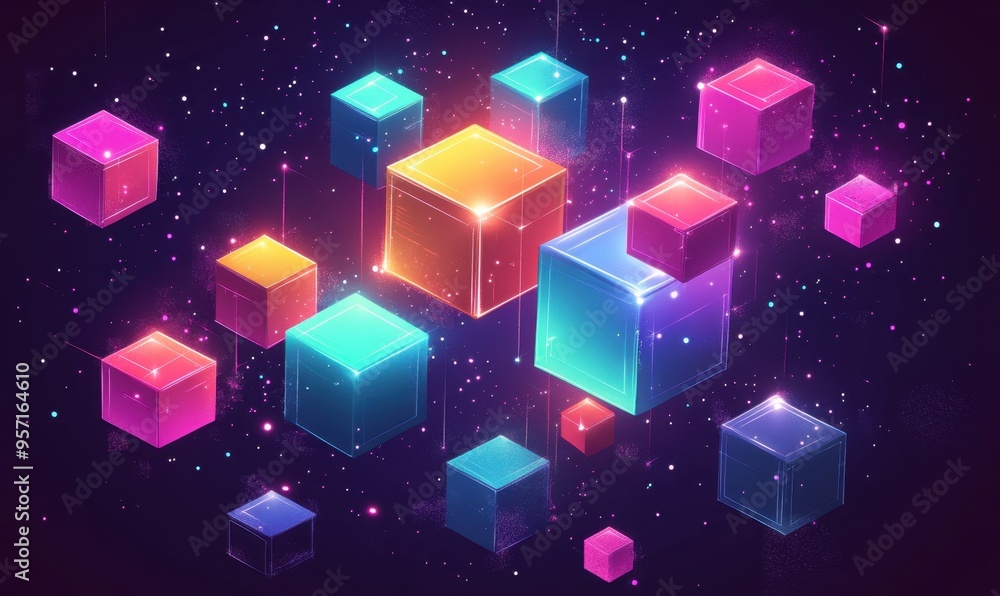 Poster a digital illustration of glowing neon blocks in an isometric perspective creating the appearance of