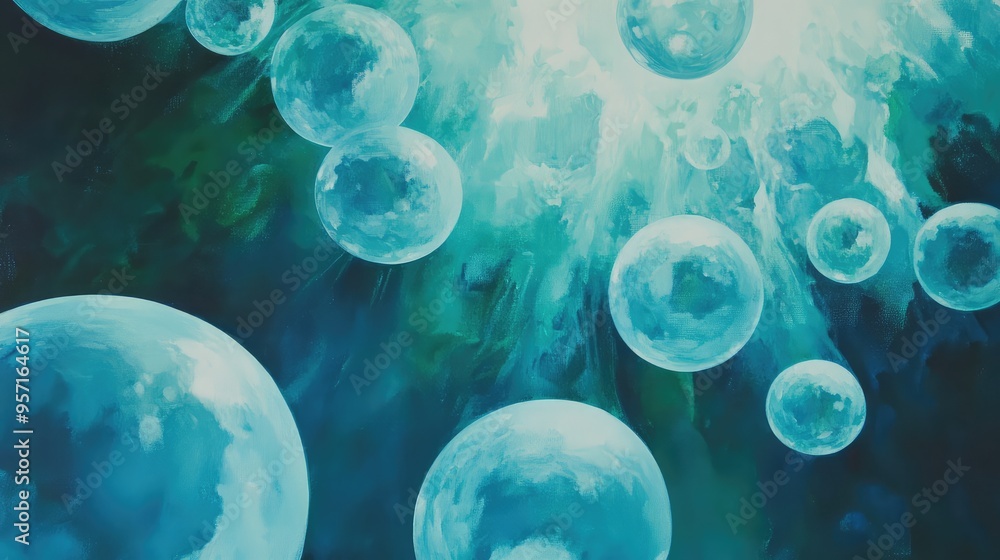 Poster abstract floating spheres in shades of blue and green, suspended in a void, creating a sense of dept