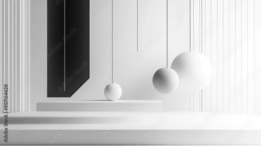 Poster abstract floating shapes in shades of white and black, suspended in a void, creating a stark, minima