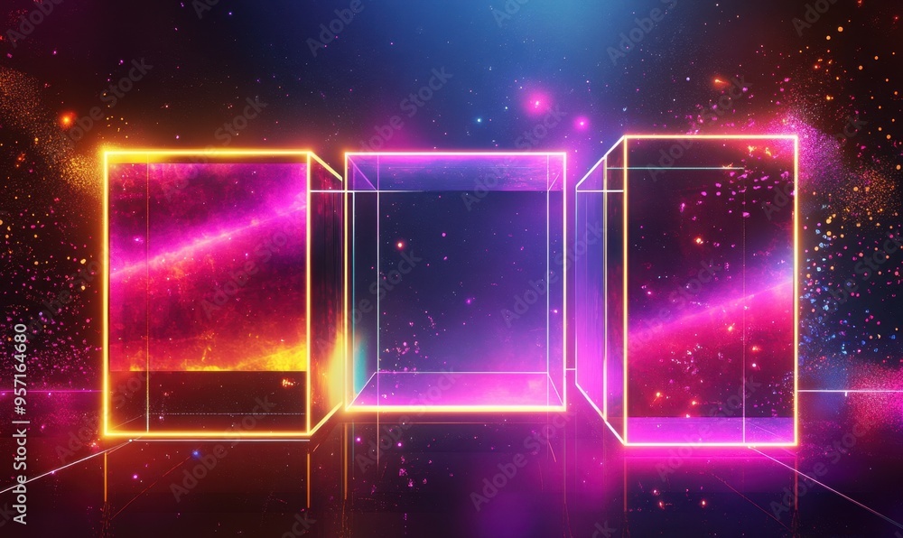 Poster a vibrant and dynamic background featuring neon-colored geometric shapes, creating an atmosphere of 