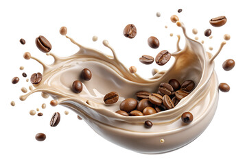 Milk Brown coffee liquid swirl splash and little bubbles with falling coffee beans isolated on transparent background