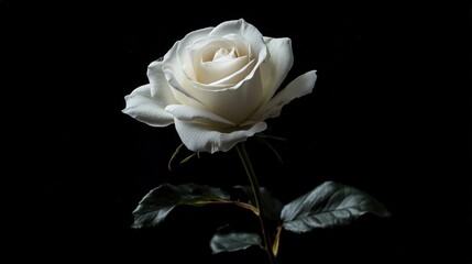 A single white rose against a dark background, symbolizing innocence and new beginnings, used in wedding marketing