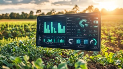A futuristic digital dashboard displaying farm analytics overlaid on a green field image during sunset