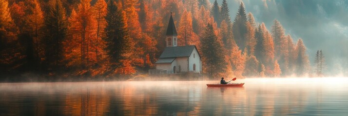 A person kayaking in water with colorful Autumn foliage woods and church