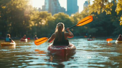 A woman kayaking in water in river with background of city skyscrapers
