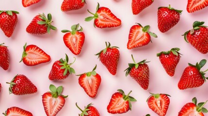 Top view fresh strawberries scattered on light pink background, vibrant red berries are whole halved, showcasing their juicy texture, image is perfect for themes related fresh fruits, healthy eating.
