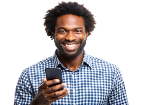 Mobile phone in hands of an African American man isolated on transparent background