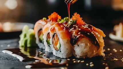 A close-up of a beautifully plated sushi roll, featuring colorful fish, fresh vegetables, and a drizzle of soy sauce