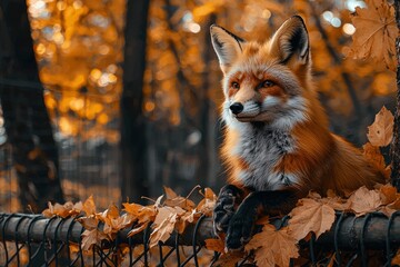 Fototapeta premium Red Fox Resting in Autumn Leaves on a Fence