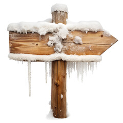 Naklejka premium Wooden signpost covered in snow and icicles, cut out. Isolated on transparent background