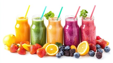 Colorful smoothies in glass bottles with fruits slices and  straws on white background
