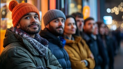 Obraz premium Diverse group of people waiting in line at dawn for Black Friday shopping deals