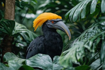 Obraz premium Black and Yellow Hornbill Bird Hidden in Tropical Foliage