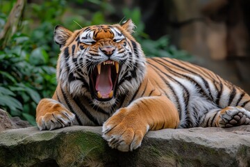 Obraz premium A Yawning Tiger Resting on a Rock